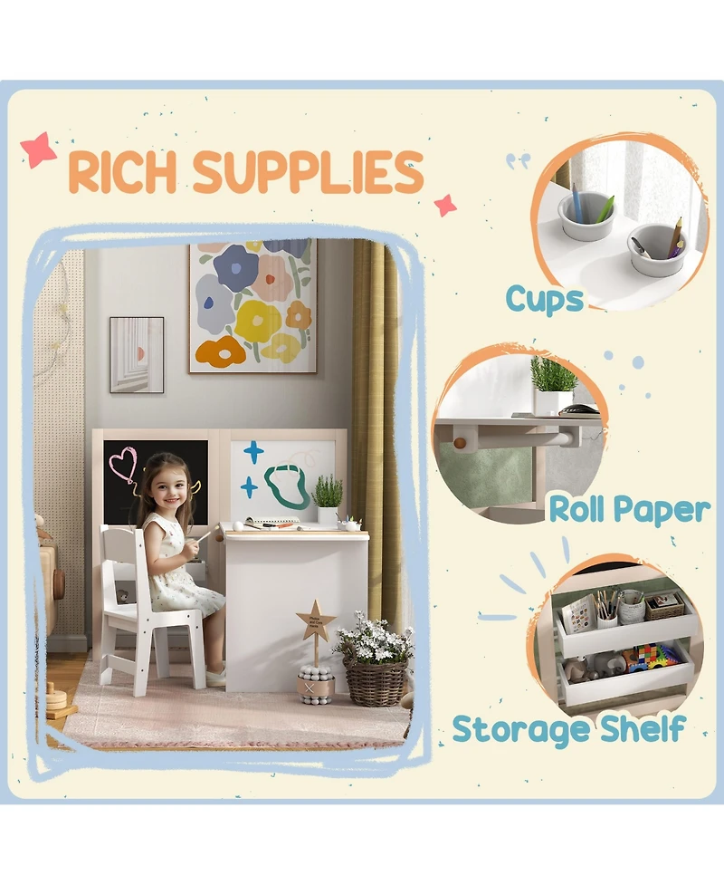 Jujabu Kids Table and Chair Set 3 in 1 Art Table with Storage Shelves Foldable Blackboard Whiteboard Roll Paper for Kids 3-8 Years White