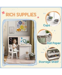 Jujabu Kids Table and Chair Set 3 in 1 Art Table with Storage Shelves Foldable Blackboard Whiteboard Roll Paper for Kids 3-8 Years White