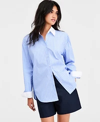 Bar Iii Women's Contrast-Collar Striped Shirt, Macy's Exclusive