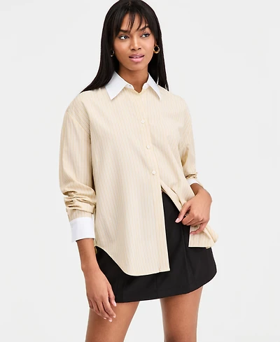 Bar Iii Women's Contrast-Collar Striped Shirt, Macy's Exclusive