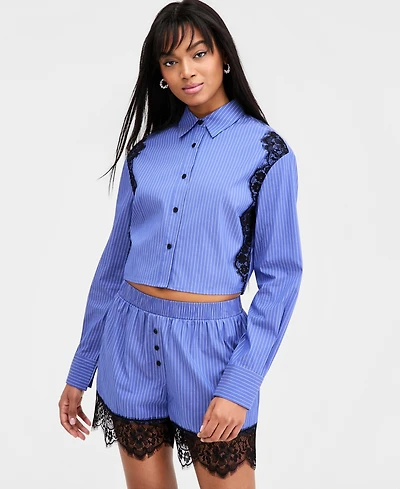 Bar Iii Women's Lace-Trim Cropped Shirt, Macy's Exclusive
