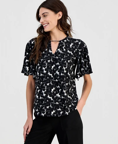 Anne Klein Women's Cutout-Neck Flutter-Sleeve Top