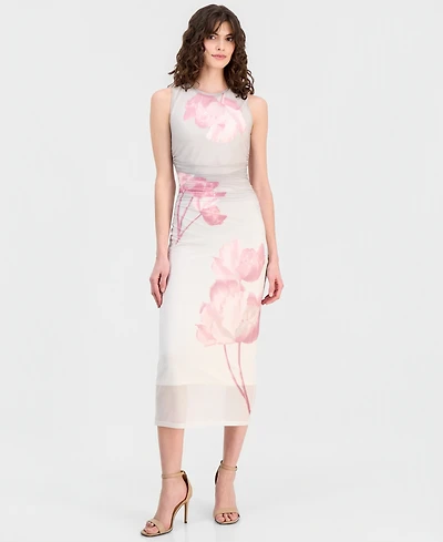 Anne Klein Women's Mesh Floral-Print Ruched-Waist Midi Dress