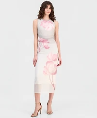 Anne Klein Women's Mesh Floral-Print Ruched-Waist Midi Dress