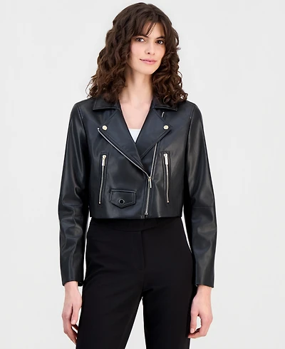 Anne Klein Women's Faux Leather Cropped Moto Jacket