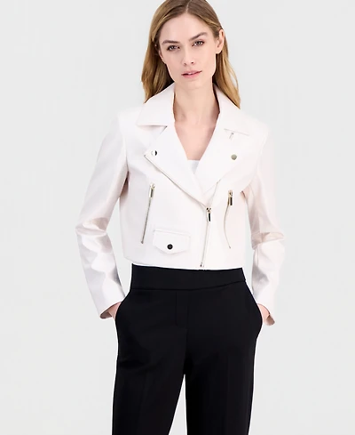Anne Klein Women's Faux Leather Cropped Moto Jacket