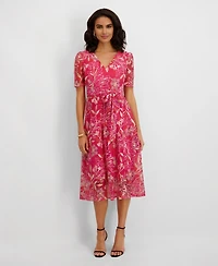 kensie Women's Embroidered Mesh Tie-Waist Midi Dress