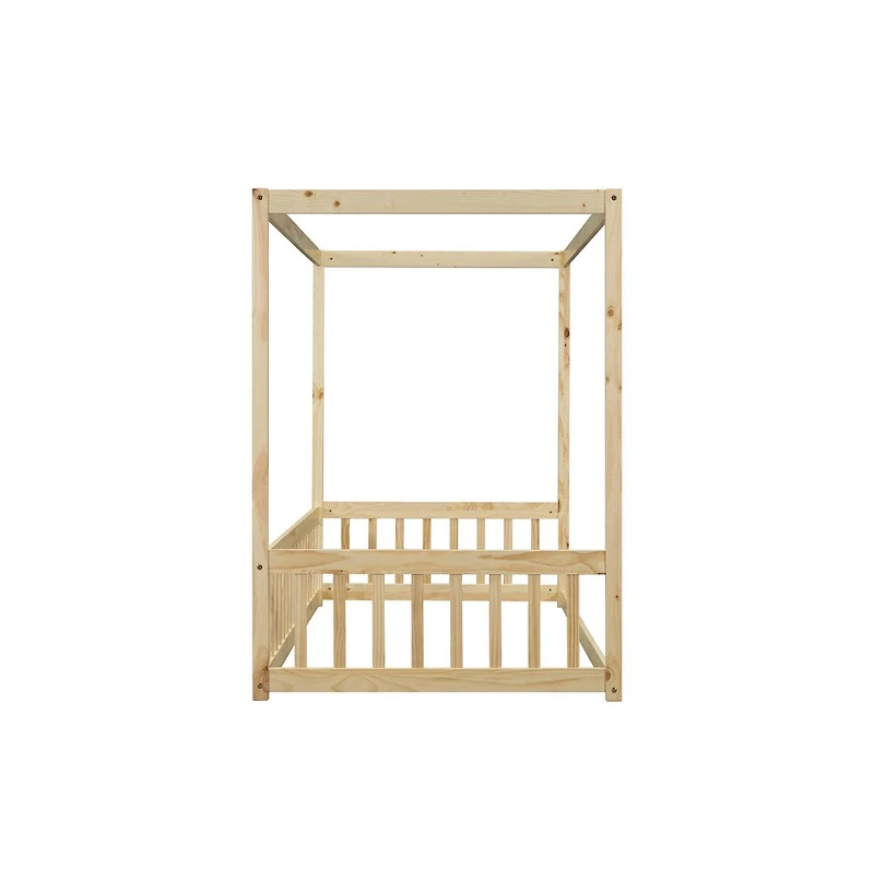 Cesicia Twin Canopy Floor Bed with Safety Fence Wooden Play Guardrails for Kids Room