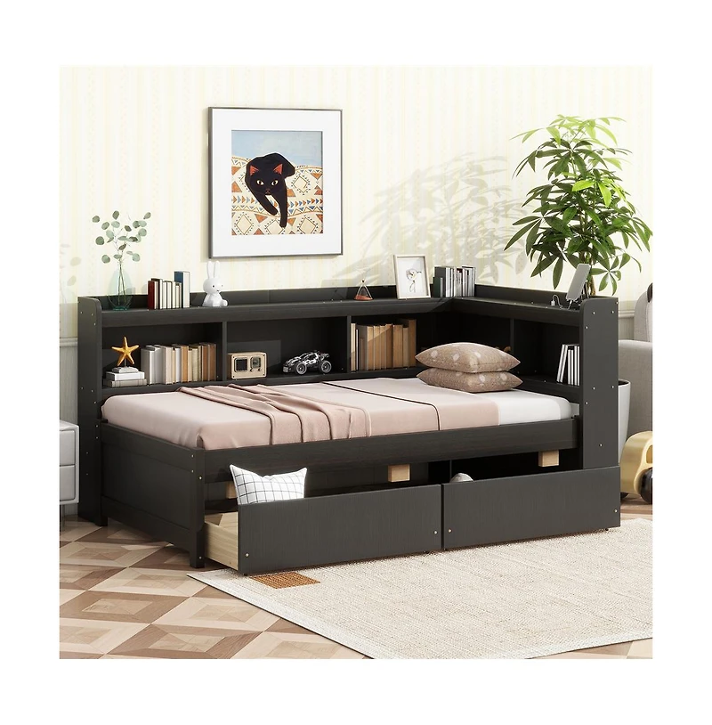 Cesicia Twin L-Shaped Bookcase Bed 2 Storage Drawers, Space-Saving Study