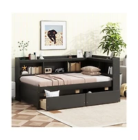 Cesicia Twin L-Shaped Bookcase Bed 2 Storage Drawers, Space-Saving Study