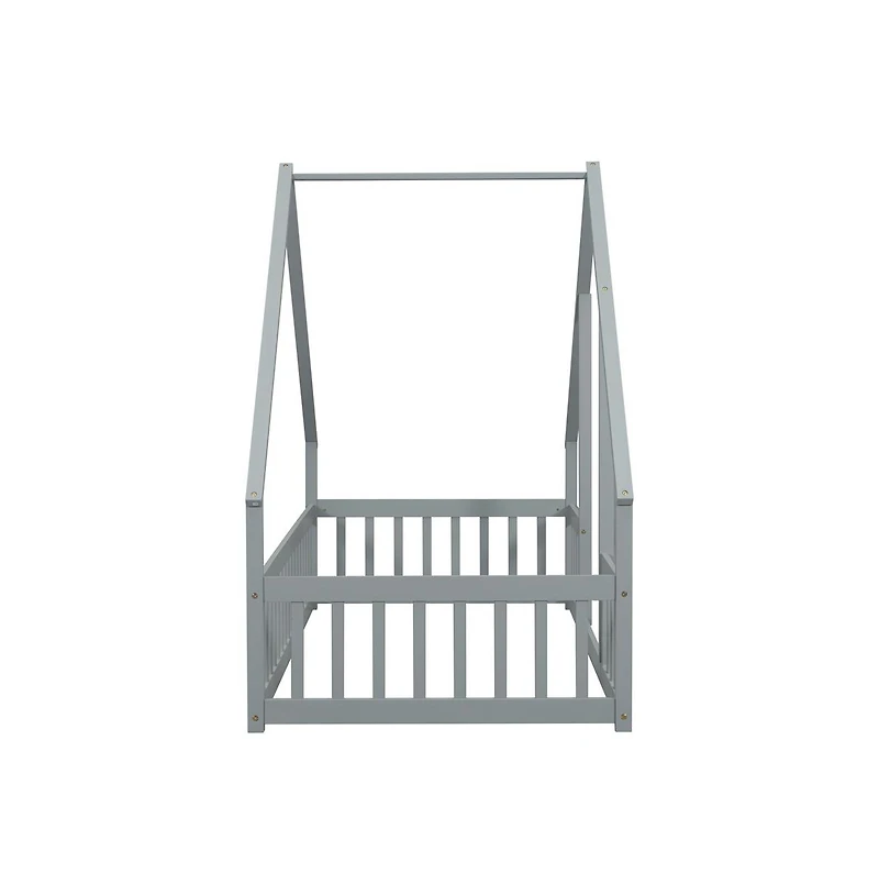 Cesicia Twin Wood House-Shaped Floor Bed with Safety Fence & Roof Frame Kids for Bedroom Playroom