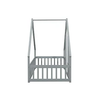 Cesicia Twin Wood House-Shaped Floor Bed with Safety Fence & Roof Frame Kids for Bedroom Playroom