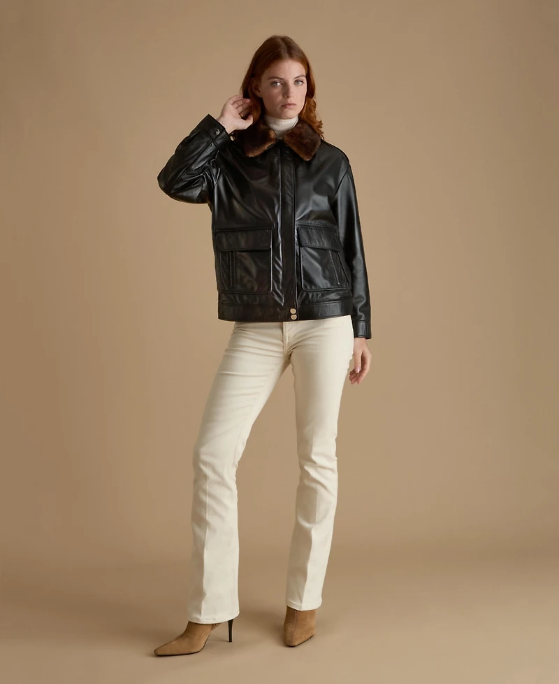 Furniq Uk Women's Leather Jacket with Detachable Shearling Collar