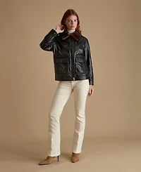 Furniq Uk Women's Leather Jacket with Detachable Shearling Collar