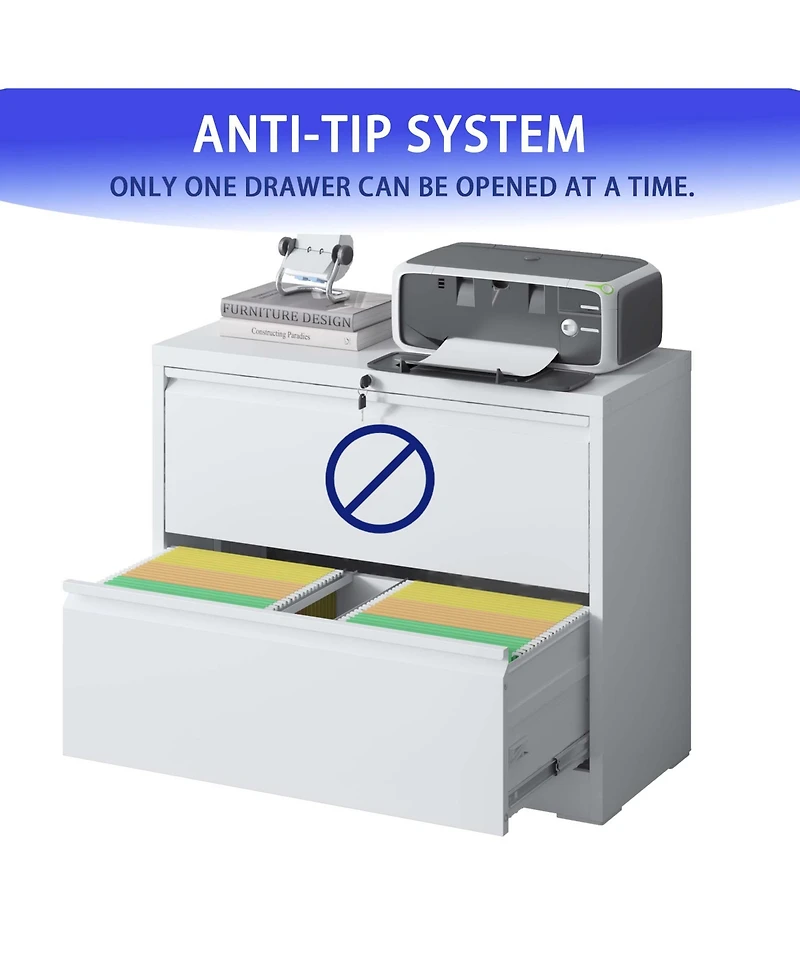 Boyel Living Lateral File Cabinet 2 Drawer, White Filing Cabinet with Lock, Locking Metal File Cabinet for Legal/Letter/A4/F4 Size