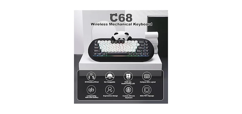 Lofree C68 Panda Wireless Mechanical Gaming Keyboard,68 Keys Cute Keyboard w/ Pbt Keycaps, Rgb Backlit, Hot Swappable Creamy with BT5.0/2.4G