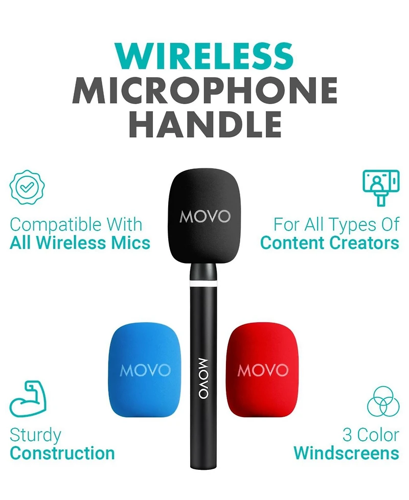 Movo Wmx-HM2 Handheld Interview Mic Adapter for Wireless Microphones with 3 Color Windscreens