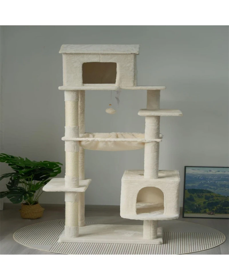 Aostirmotor 64'' Cat Tree with Unique Cat House, Hammock, Scratching Posts in Beige