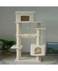 Aostirmotor 64'' Cat Tree with Unique Cat House, Hammock, Scratching Posts in Beige