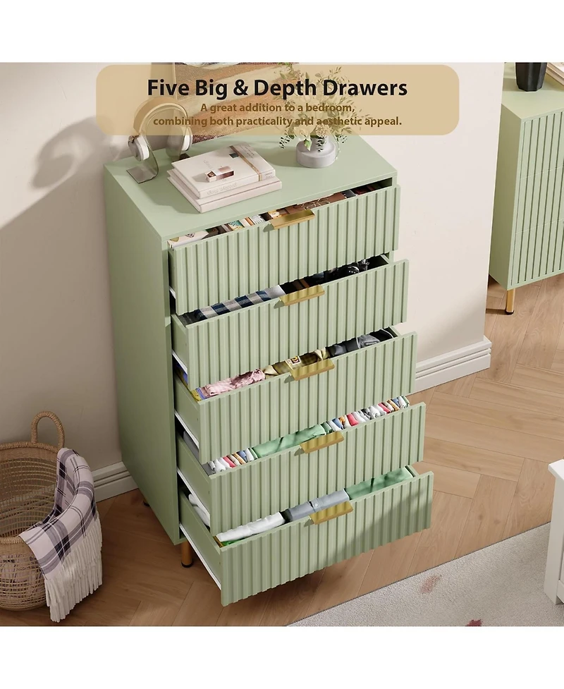gaomon 5-Drawer Modern Fluted Green Dresser, 47.2 Inch Tall Chest with Deep Drawers, Wide Top, Organizer for Bedroom