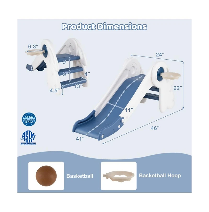 Hongge Kids Indoor Playground with Folding Slide Climber and Basketball Hoop