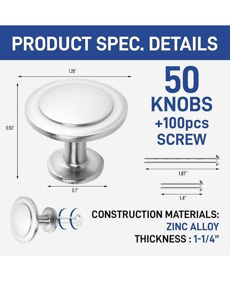 Lifemaster 50pcs 1-1/4″ Brushed Nickel Cabinet Knobs – Rust-Proof Zinc Alloy, Modern Design, 100 Screws Included