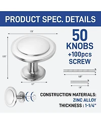 Lifemaster 50pcs 1-1/4″ Brushed Nickel Cabinet Knobs – Rust-Proof Zinc Alloy, Modern Design, 100 Screws Included
