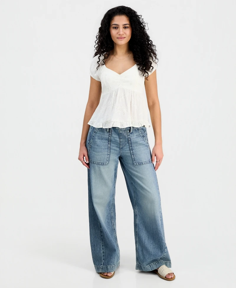 Hippie Rose Juniors' Short-Sleeve Embroidered Sweetheart-Neck Babydoll Top