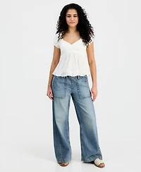 Hippie Rose Juniors' Short-Sleeve Embroidered Sweetheart-Neck Babydoll Top