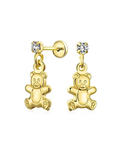 Bling Jewelry Whimsical Playful Animal Teddy Bear Dangling Stud Earrings Cz Plated Brass