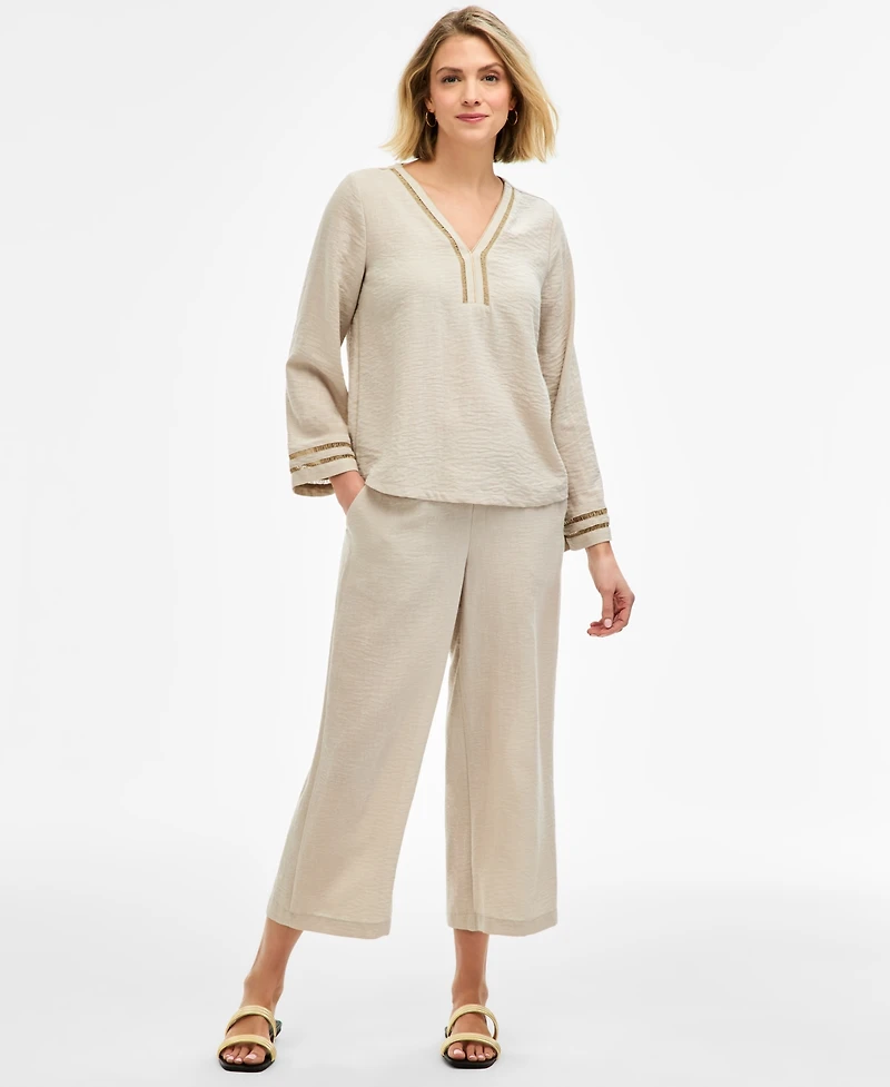 Jm Collection Women's Ladder-Trim Crinkle Gauze V-Neck Top, Macy's Exclusive