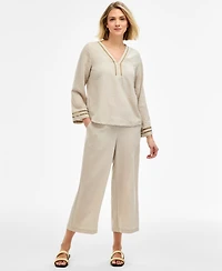 Jm Collection Women's Ladder-Trim Crinkle Gauze V-Neck Top, Macy's Exclusive