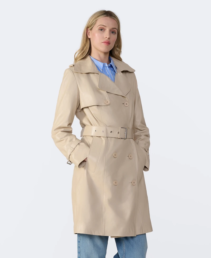 Furniq Uk Women's Genuine Leather Trench Coat, Beige