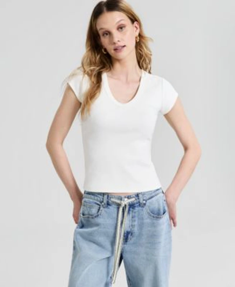 Now This Womens V Neck Rib Knit Short Sleeve T Shirt Macys Exclusive