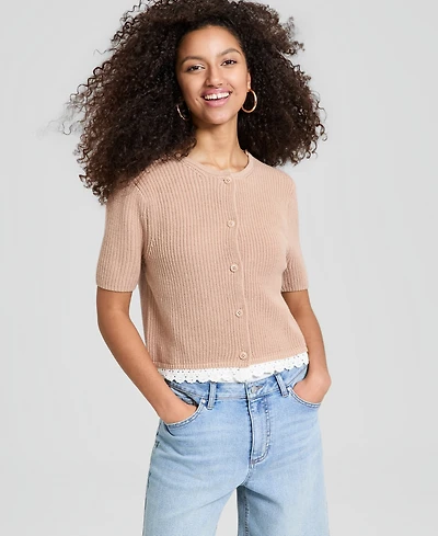 And Now This Petite Crochet Crew Neck Sweater, Macy's Exclusive