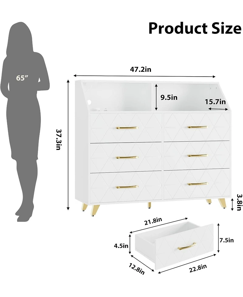gaomon 6-Drawer Modern Dresser with Led Light, Charging Station, Storage Shelf, Gold Legs, 47" Cabinet for Bedroom, Living Room