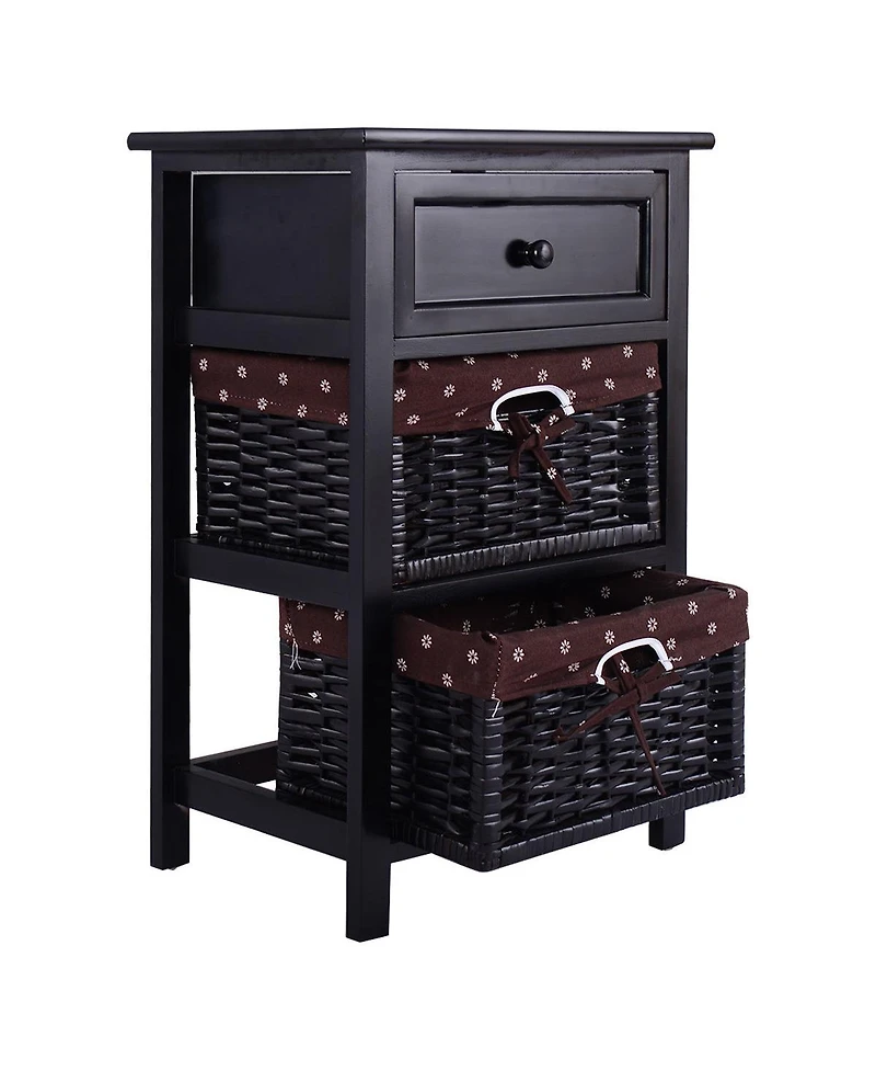 sumyeg 3 Tiers Wooden Storage Nightstand with 2 Baskets and 1 Drawer