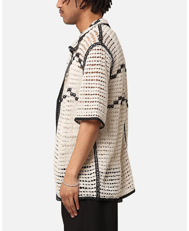 Xxiii Men's Western Crochet Button Up Shirt Cream/Black