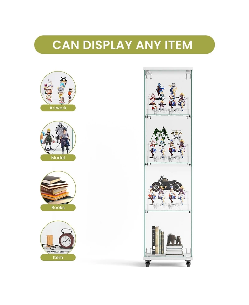 Streamdale Furniture 4 Tier Glass Display Cabinet with Lock, Wheels, and Acrylic Shelves