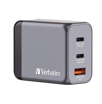Verbatim 32201 65 Watts 3-Port GaN Wall Charger - Black/Gray