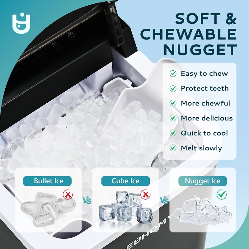 Euhomy 26.5 lbs/24H Nugget Countertop Ice Maker in Black with Auto-Cleaning and 1.5 lbs Ice Storage Capacity