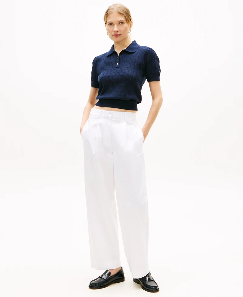 Tommy Hilfiger Women's Flag Pointelle Puff-Sleeve Polo Sweater