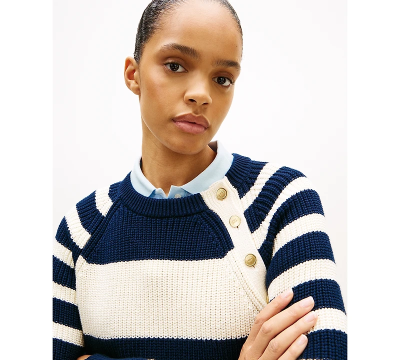 Tommy Hilfiger Women's Gold-Tone Button Utility Crewneck Sweater