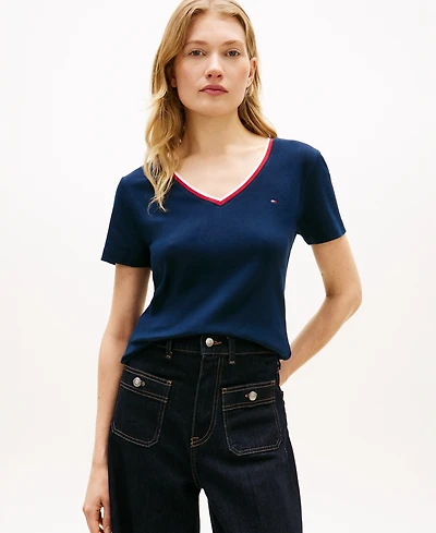 Tommy Hilfiger Women's Stripe Slim V-Neck Short-Sleeve T-Shirt