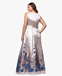 Betsy & Adam Plus Jacquard Print V-Neck Gown