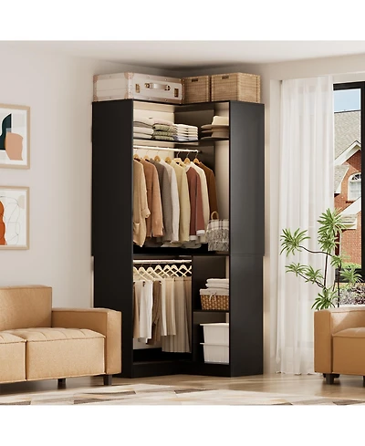 Freestanding Corner Closet Organizer, System with Hanging Rods and Storage Shelves