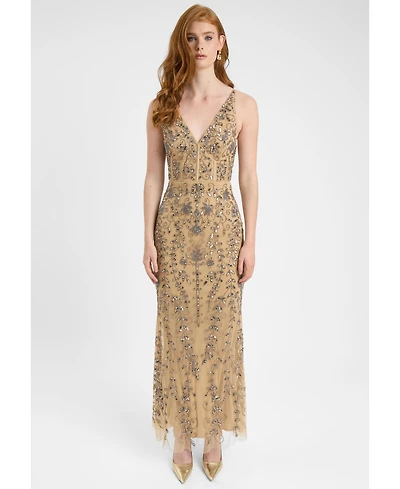 Beauut Women's Embellished Sequin Beaded Corset Maxi Dress With Deep V-Cut