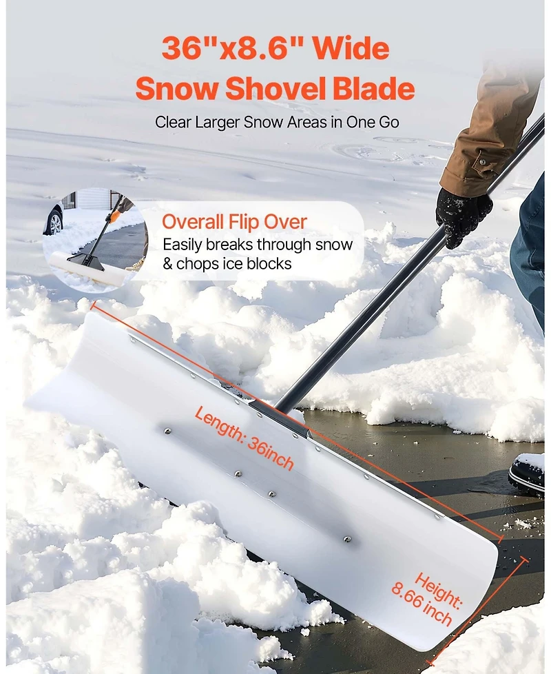 Mecale Snow Pusher Shovel, 36", Hdpe Blade w/ Metal Edge, Segmented Handle, Ergonomic Grip, Driveway/Garden
