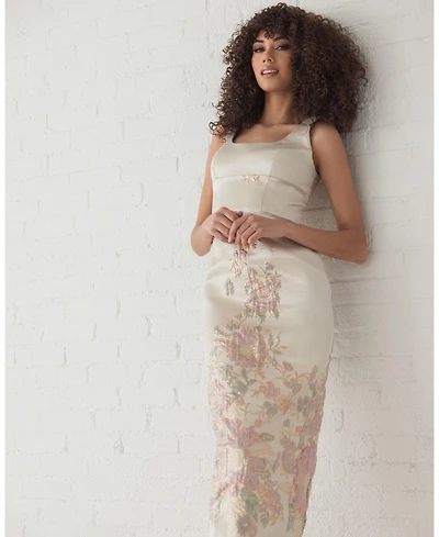 Mac Duggal Women's Slim Strap Scoop Neck Bustier Brocade Midi Dress