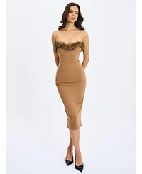 Miss Circle Women's Rayanne Chestnut Strapless Fur-Trimmed Sweetheart Maxi Dress